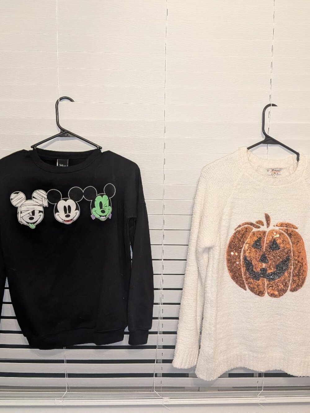 Lot of 2 Halloween Sweaters Disney Mickey Monster Small Poof Sequin Pumpkin Med